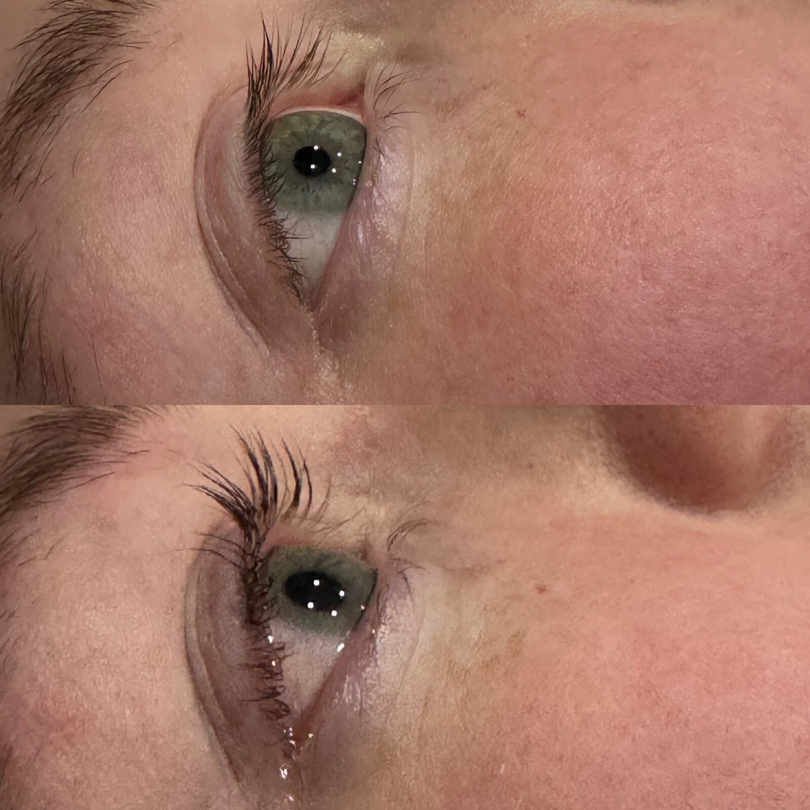 Before and after results of lash lift and tint at Royal Glow Beauty & Esthetics in Boardman, Ohio